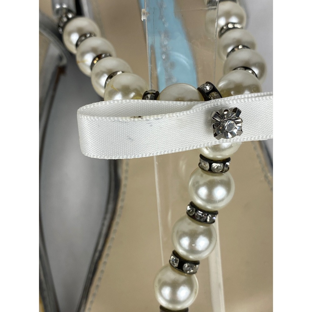 Betsey Johnson SB-PEARL Silver Metallic Pearl Rhinestone Bow Flat Sandals 7.5M - Picture 7 of 16